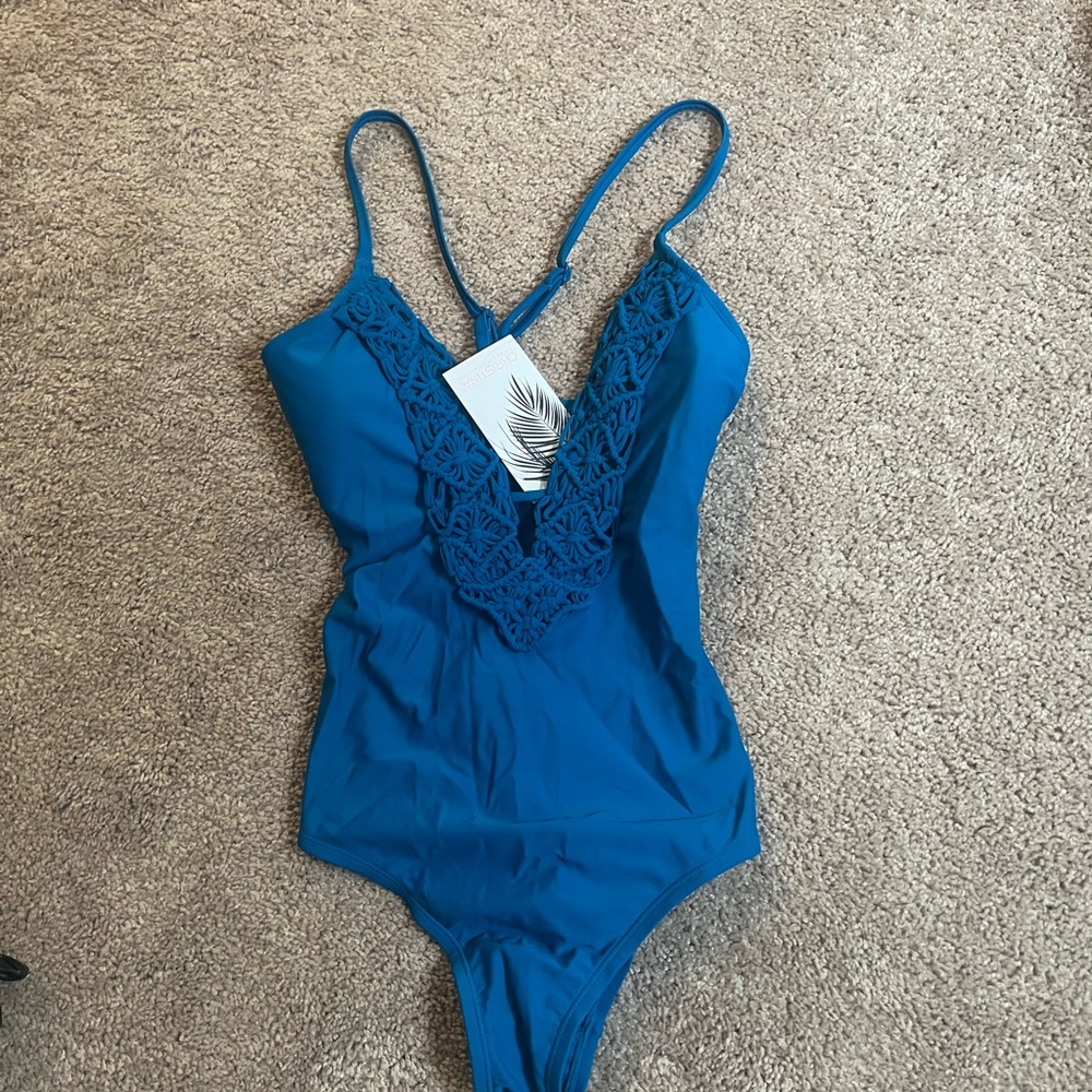 Blue Lace-Trimmed Swimsuit